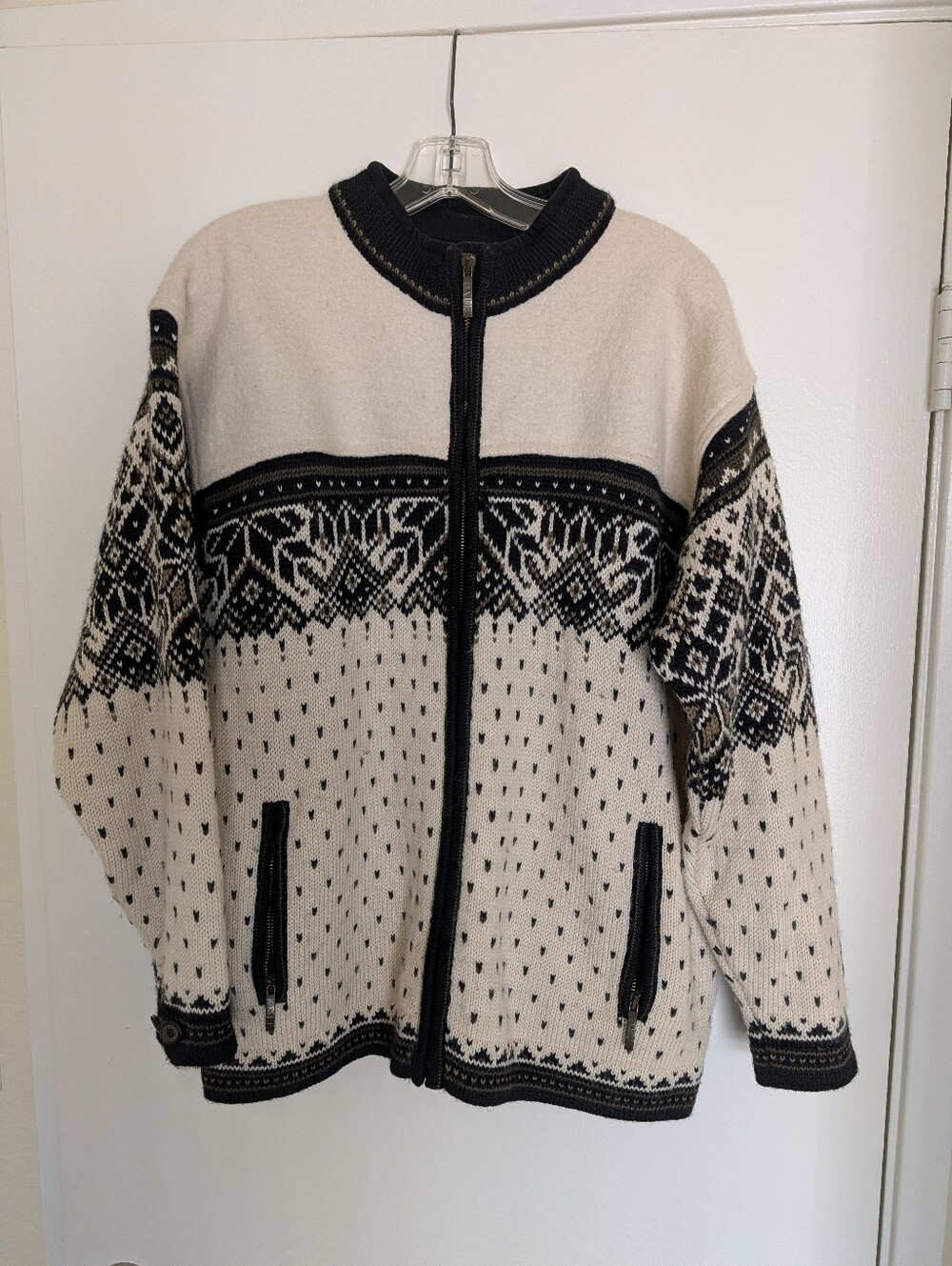 VTG Dale Of Norway Cream & Black Zip-Front Nordic Knit Jacket M New Wool